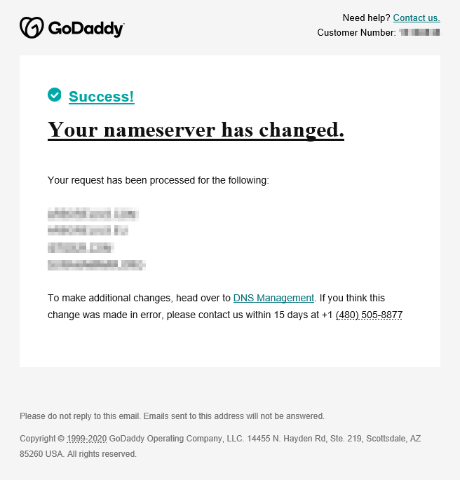 Success! Your nameserver has changed.